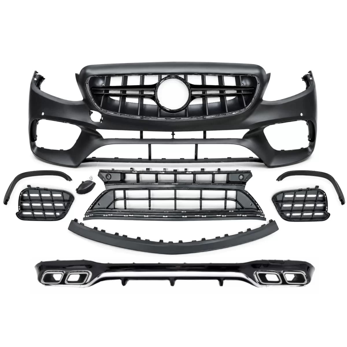 Front Bumper with Rear Diffuser and Exhaust Muffler Tips Chrome suitable for Mercedes E-Class W213 (2016-2019) E63 Design Black Edition